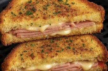 crispy, golden-brown grilled ham and cheese sandwich