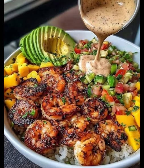 Shrimp and Avocado Bowls with Mango Salsa & Lime-Chili Sauce